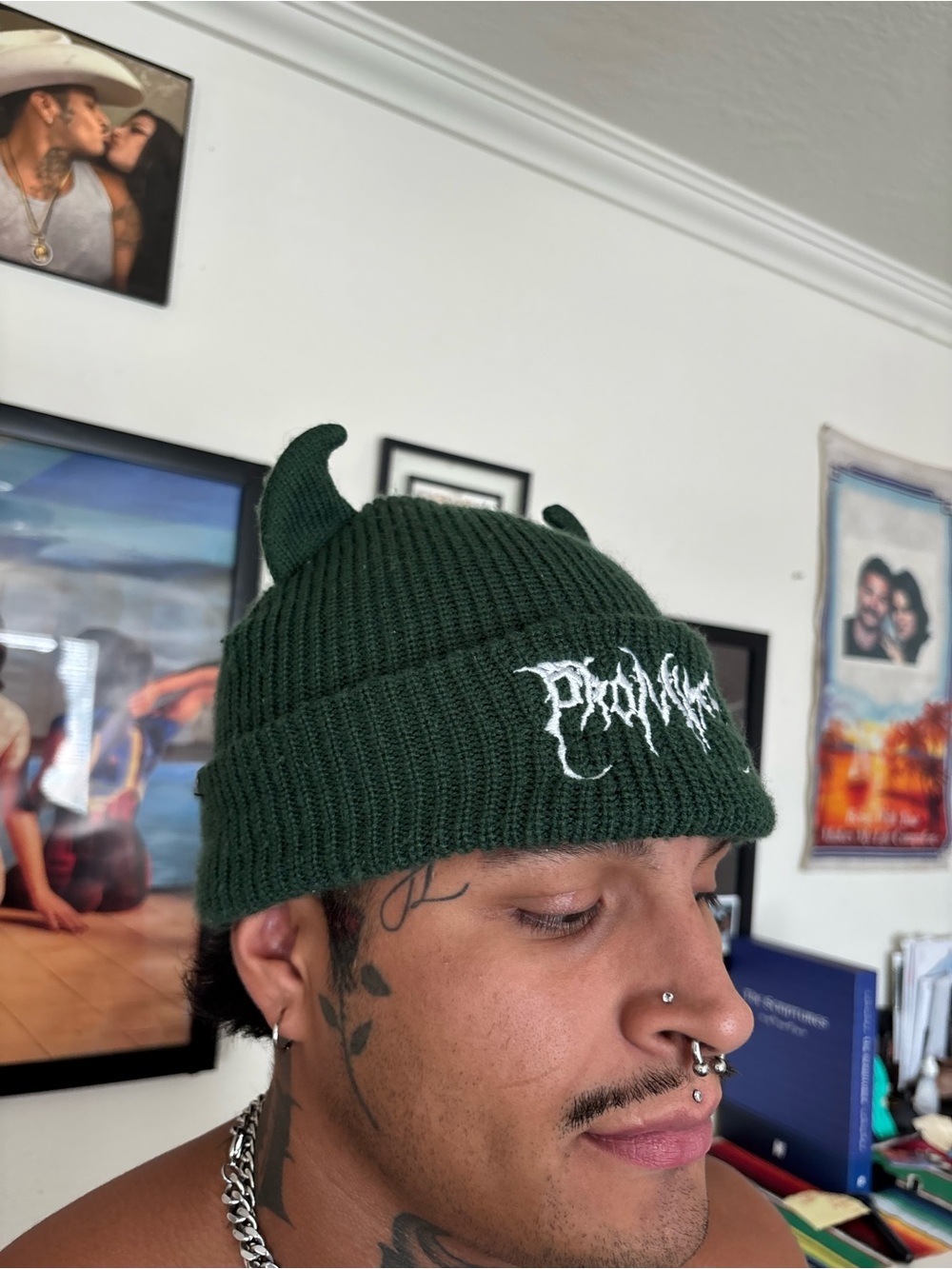 Dark Green Devil Horn Rib-Knit Beanie with White Embroidered Logo